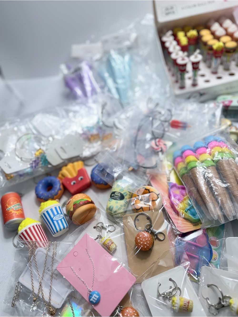 25-Piece Junk Food Themed Mixed Lot Fun Foodie Bundle Pens Erasers Socks Jewelry - Picture 11 of 12